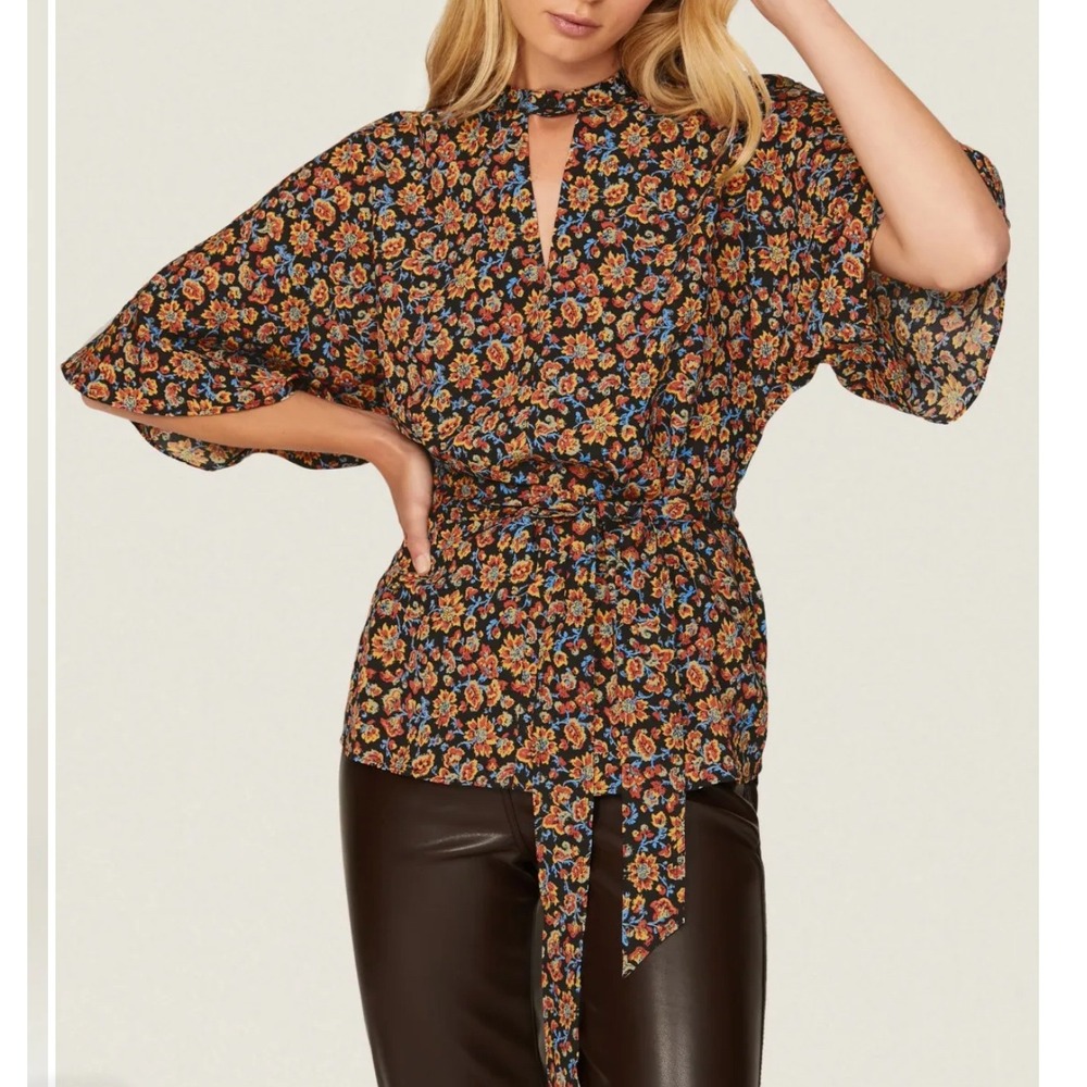 Jason Wu Floral Print Kimono Sleeve Tie Waist Blouse Top‎